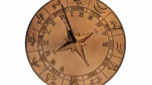 Zodiaka zīmju attēlojums uz metāla saules pulksteņa, simbolizējot laiku un astroloģiju.