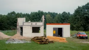 Nepabeigta māja ar būvmateriāliem uz zāles fona simbolizē ieilgušus un nepabeigtus darbus.